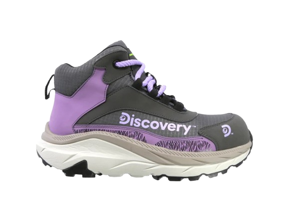 Vista lateral de las Botas de Seguridad 2631 Atacama para mujer en color gris y lila de Discovery.
