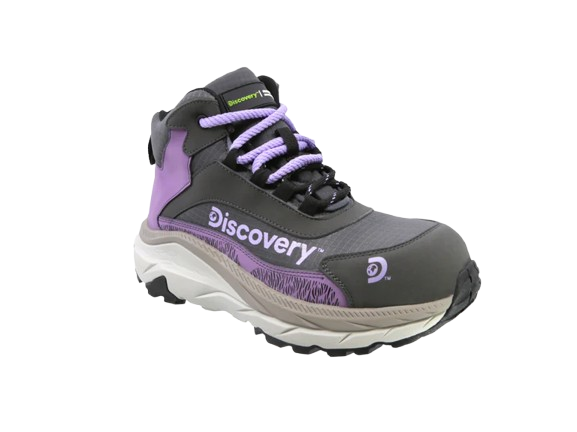 Vista frontal lateral de las Botas de Seguridad 2631 Atacama para mujer en color gris y lila de Discovery.
