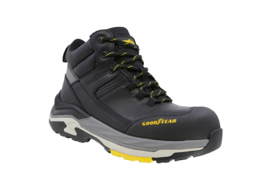 Vista lateral de las Botas de Seguridad Gravix GY260 color negro de Goodyear. Vista frontal lateral de las Botas de Seguridad Gravix GY260 color negro de Goodyear.