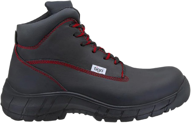Botas de Seguridad 9007 D – Vista lateral Botas de Seguridad 9007 D negras con detalles rojos vista lateral