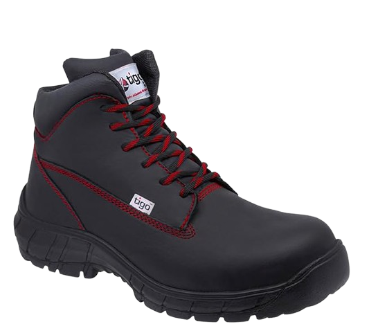 Botas de Seguridad 9007 D – Vista frontal Botas de Seguridad 9007 D negras con detalles rojos vista frontal