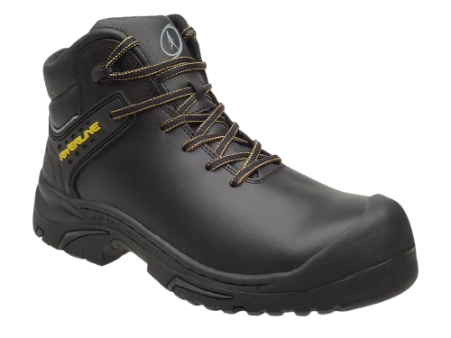 Botas de Seguridad PWR PRO – Vista frontal Botas de Seguridad PWR PRO negras con detalles amarillos vista frontal