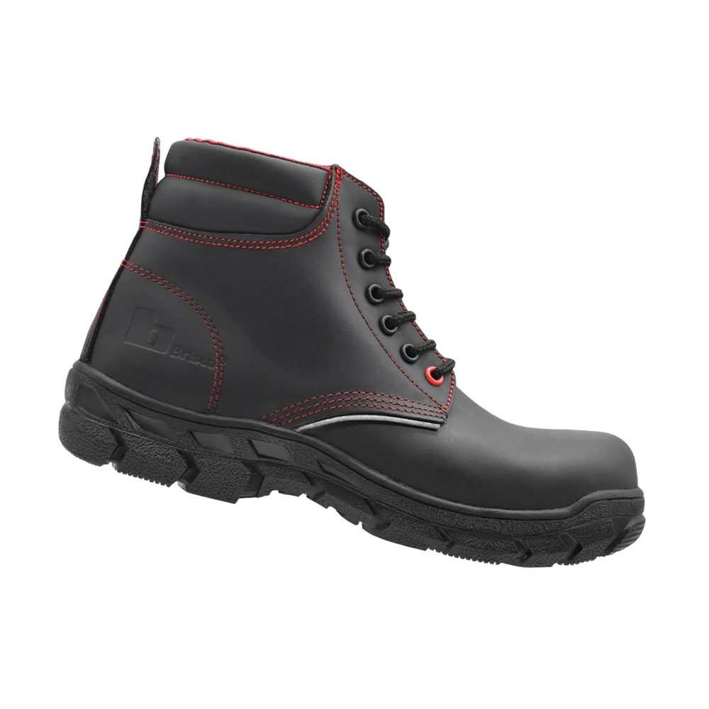Botas de Seguridad Baleno – Vista Derecha Botas de Seguridad Baleno Brisco negras con detalles rojos vista derecha