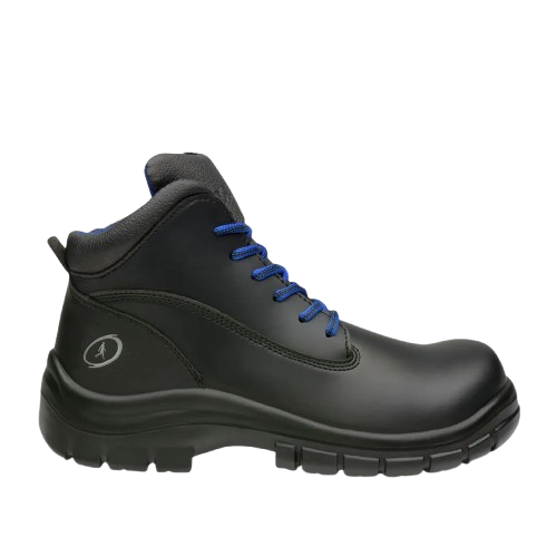 Botas de Seguridad STX Básico – Vista lateral Botas de Seguridad STX Básico Riverline color negro con agujetas azules vista lateral