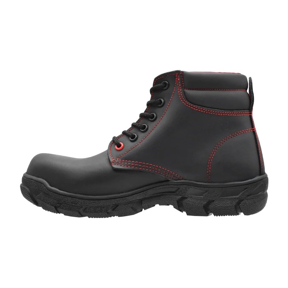 Botas de Seguridad Baleno – Vista Izquierda Botas de Seguridad Baleno Brisco negras con detalles rojos vista izquierda
