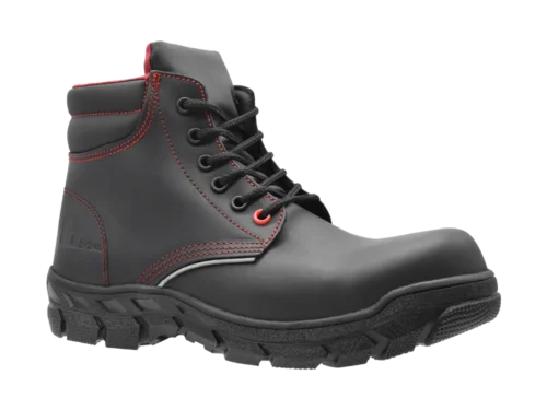 Botas de Seguridad Baleno – Vista Lateral Botas de Seguridad Baleno Brisco color negro con vivos rojos vista lateral